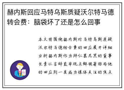 赫内斯回应马特乌斯质疑沃尔特马德转会费：脑袋坏了还是怎么回事