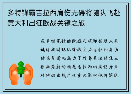 多特锋霸吉拉西肩伤无碍将随队飞赴意大利出征欧战关键之旅