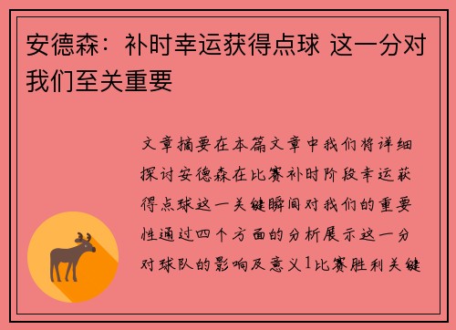 安德森：补时幸运获得点球 这一分对我们至关重要
